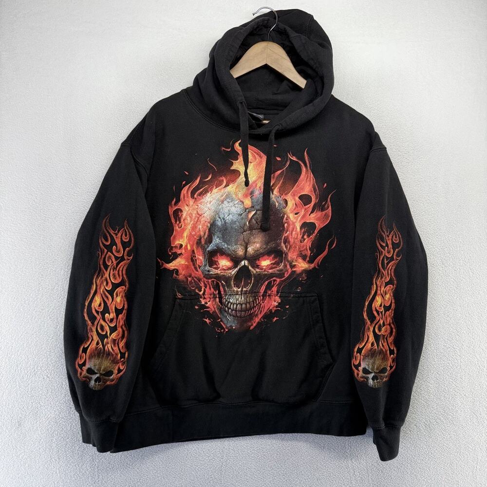 Vintage Spiral Direct Hoodie men's 2XL Black Skull Biker Flames Graphic Y2k